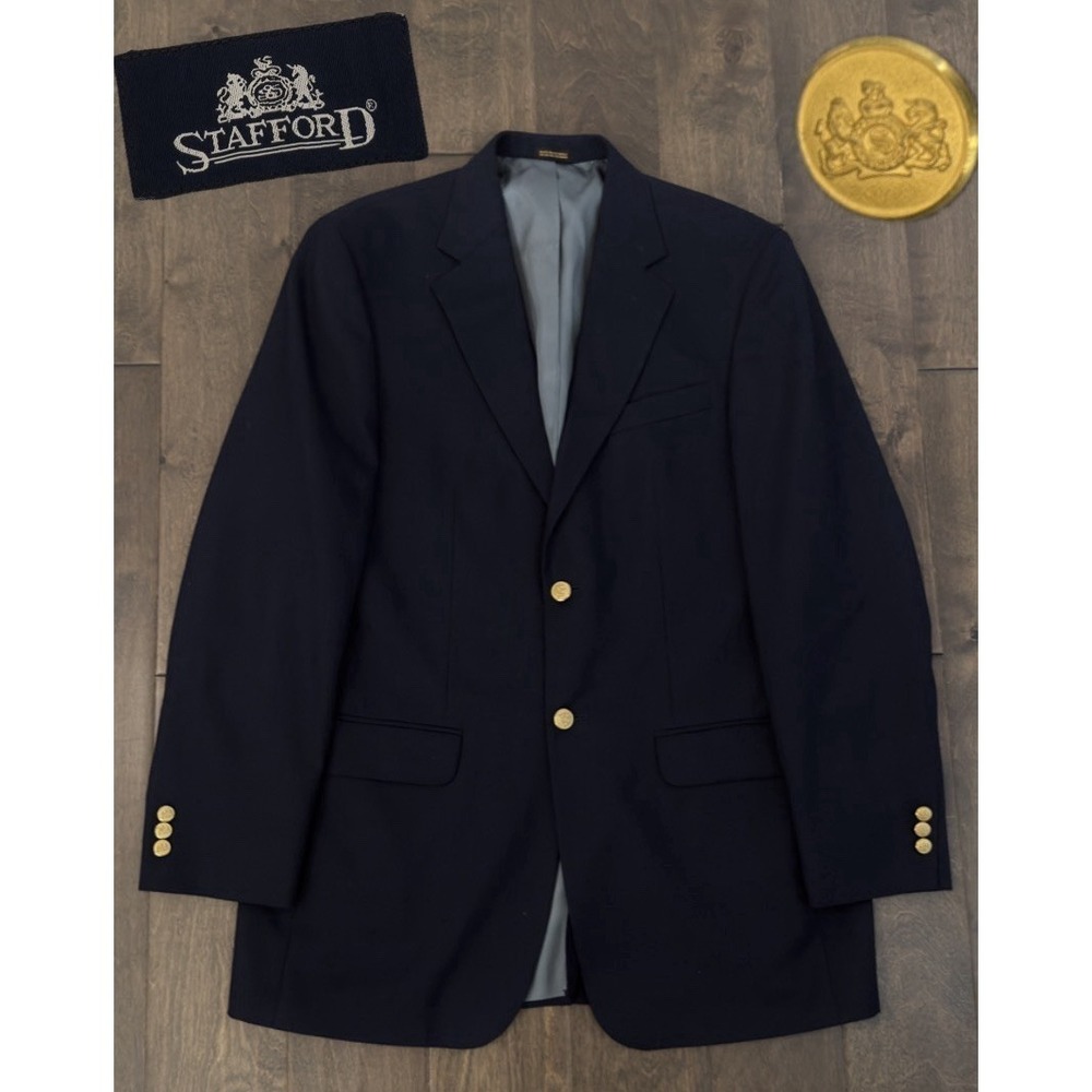 Stafford Mens Two Gold Button Navy Blue Wool Blend Blazer Suit Jacket Size 40L